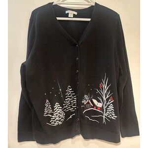 CHRISTOPHER & BANKS Christmas Sweater Cardigan Size 1X  Black  Button Front L/S